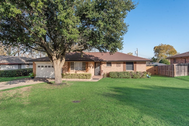 ranch-style house with a front yard and a garage