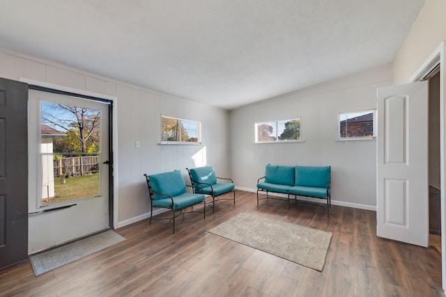 living area with lofted ceiling and dark wood-type flooring