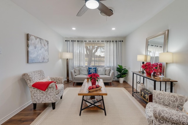 living room with ceiling fan and wood-type flooring