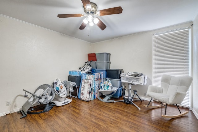 office area featuring wood-type flooring, ceiling fan, and crown molding