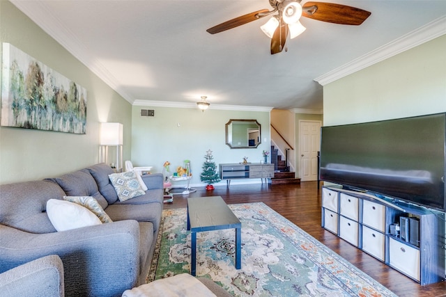 living room featuring crown molding and dark wood-type flooring