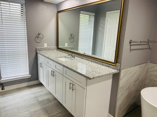 bathroom featuring tile walls, a bathtub, a wealth of natural light, and vanity