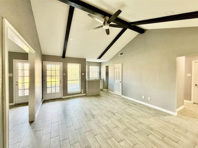 unfurnished room featuring high vaulted ceiling, ceiling fan, and beamed ceiling