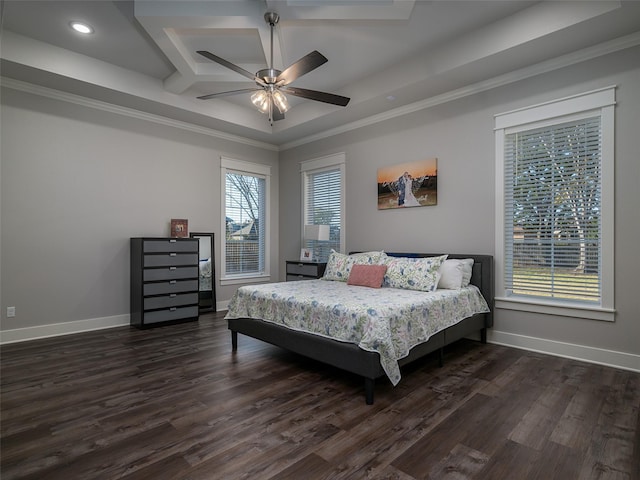 bedroom featuring coffered ceiling, a raised ceiling, crown molding, ceiling fan, and dark hardwood / wood-style floors