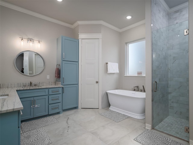 bathroom with separate shower and tub, crown molding, and vanity