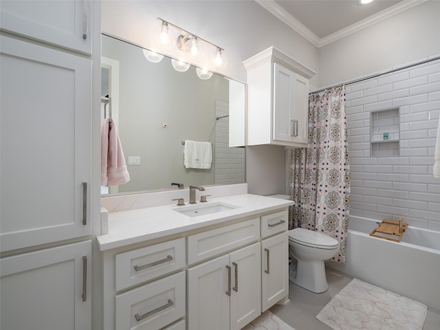 full bathroom with shower / bath combo, tile patterned floors, crown molding, toilet, and vanity