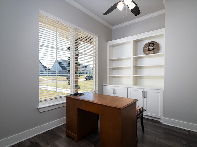 office area with ceiling fan, dark hardwood / wood-style flooring, and ornamental molding