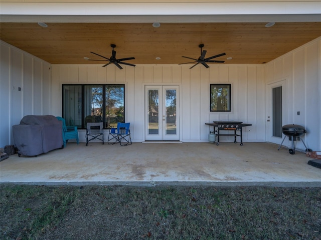 view of patio featuring ceiling fan and french doors