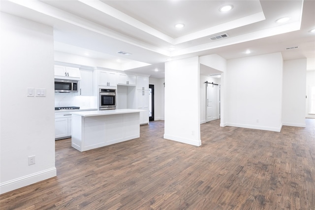 kitchen with white cabinetry, a center island, stainless steel appliances, a raised ceiling, and a barn door