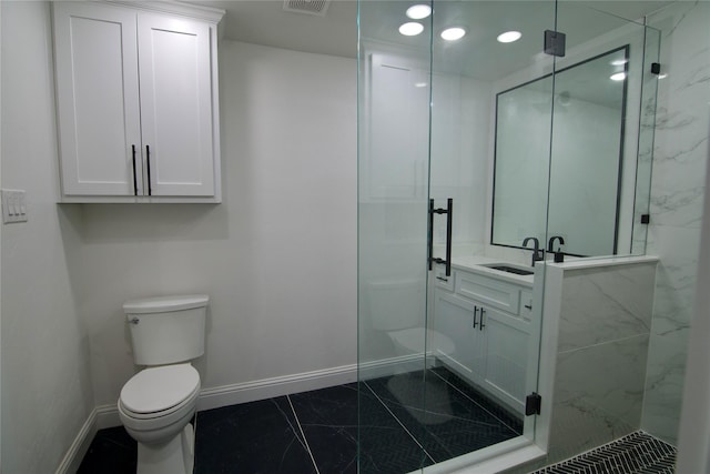 bathroom with vanity, a shower with door, and ornamental molding