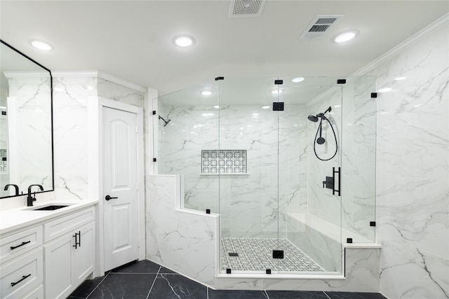 bathroom with vanity, walk in shower, and crown molding