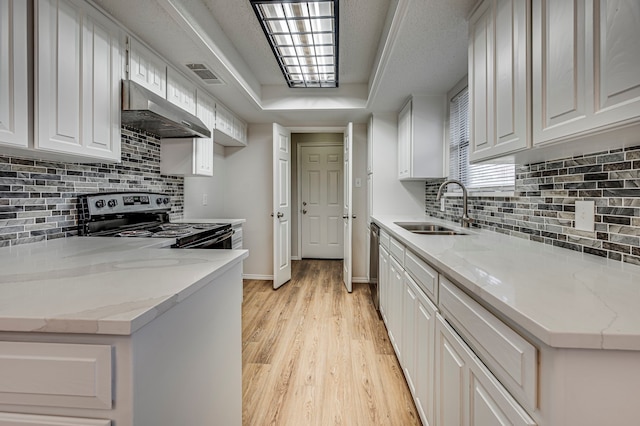 kitchen featuring white cabinetry, light stone counters, black electric range, light hardwood / wood-style floors, and exhaust hood