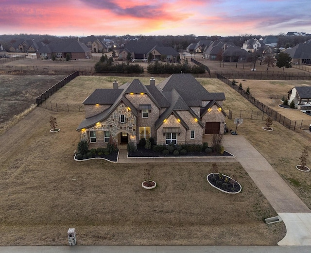 view of aerial view at dusk