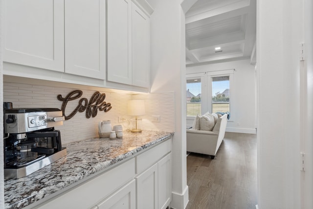 4509 Montalcino Blvd, Flower Mound, TX 75022 - bar featuring wood finished floors, decorative backsplash, beamed ceiling, and coffered ceiling