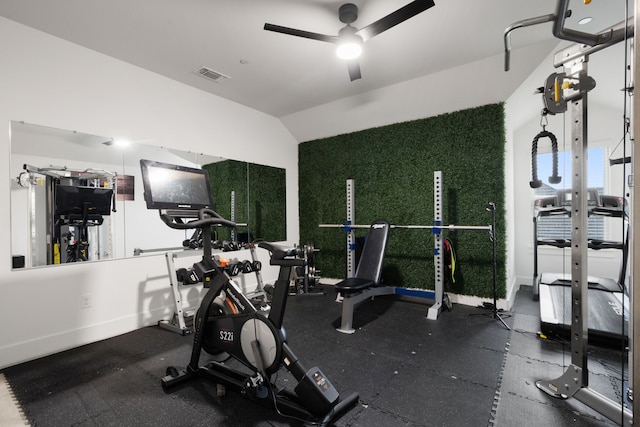 workout room with lofted ceiling and ceiling fan