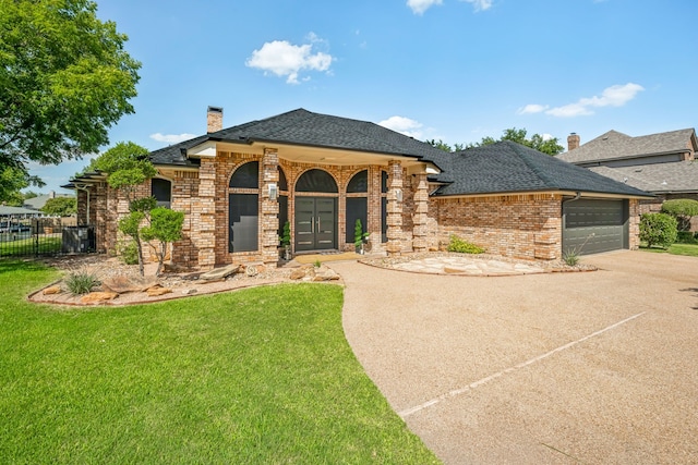 view of front of house featuring a garage and a front lawn