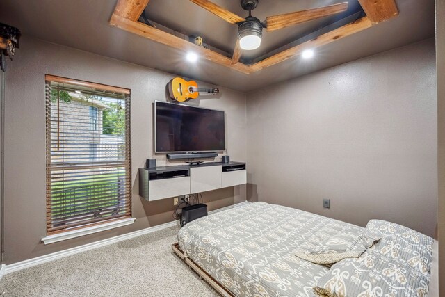 bedroom with a tray ceiling, ceiling fan, and carpet floors