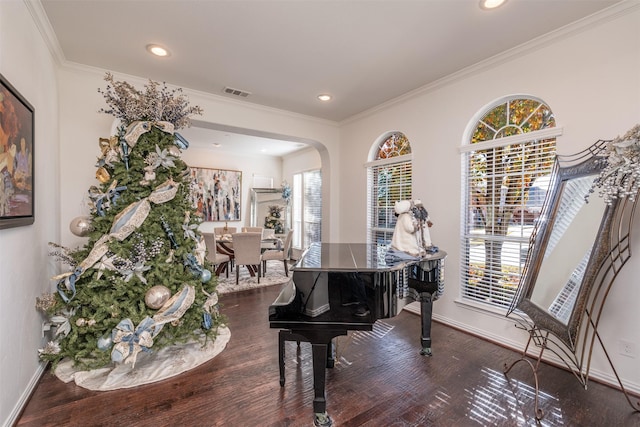 miscellaneous room with dark hardwood / wood-style floors, plenty of natural light, and crown molding