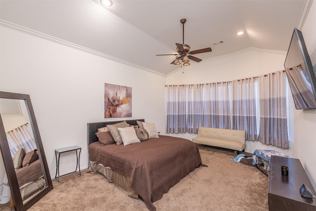 carpeted bedroom featuring ceiling fan, lofted ceiling, ornamental molding, and multiple windows