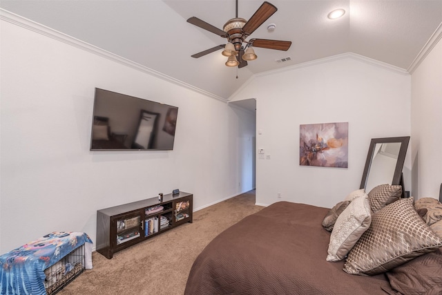 bedroom with ceiling fan, light carpet, lofted ceiling, and ornamental molding