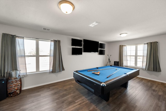 game room featuring pool table, wood finished floors, and visible vents