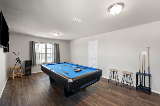 recreation room with baseboards, visible vents, dark wood finished floors, and pool table