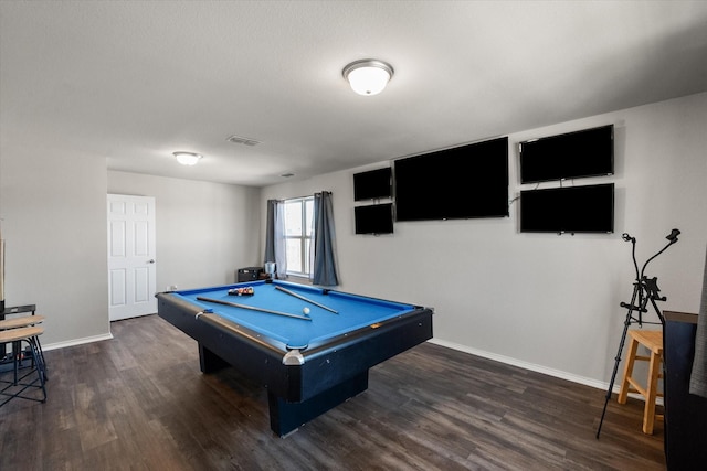 playroom featuring dark wood-style floors, pool table, visible vents, and baseboards