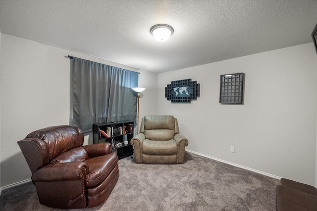 living area featuring a textured ceiling, baseboards, and carpet flooring