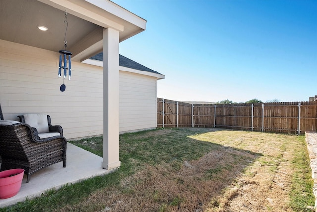 view of yard featuring a fenced backyard and a patio