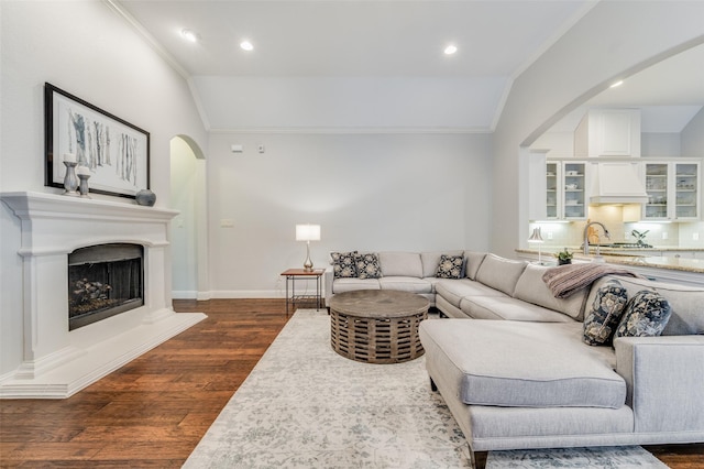 living room with sink, crown molding, lofted ceiling, and dark wood-type flooring