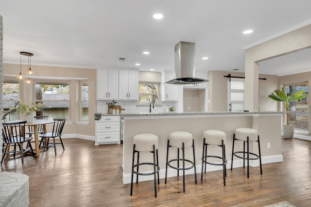 kitchen with white cabinetry, dark hardwood / wood-style flooring, a healthy amount of sunlight, and island range hood