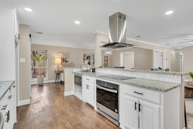 kitchen with island exhaust hood, appliances with stainless steel finishes, light stone counters, wood-type flooring, and white cabinetry