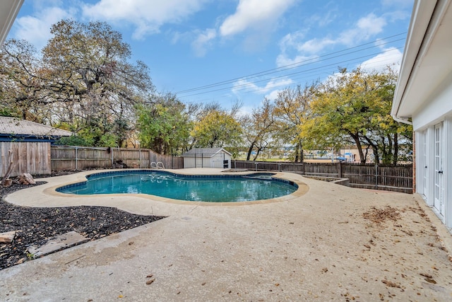 view of pool with a patio and a storage shed