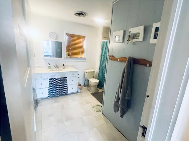 bathroom with vanity, toilet, and walk in shower