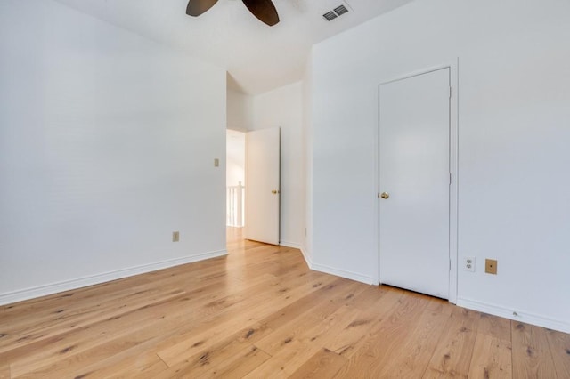 unfurnished bedroom featuring ceiling fan and light hardwood / wood-style floors