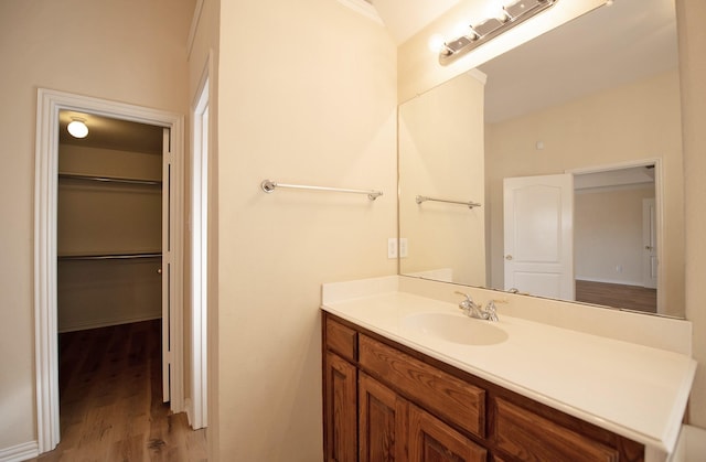 bathroom featuring vanity and wood-type flooring