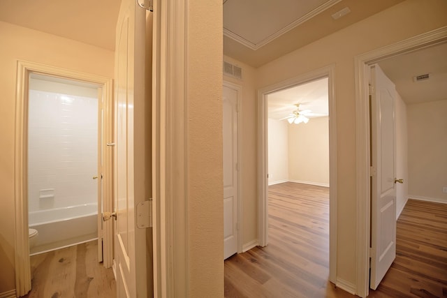 corridor featuring light hardwood / wood-style floors and crown molding