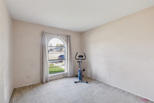 workout room with light colored carpet