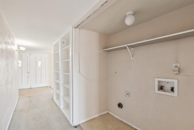 laundry room with light colored carpet and washer hookup