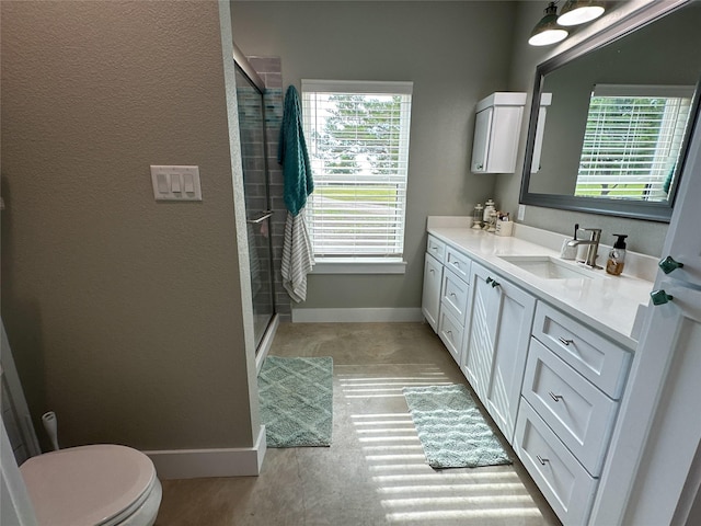 bathroom with vanity, a shower with door, and a wealth of natural light