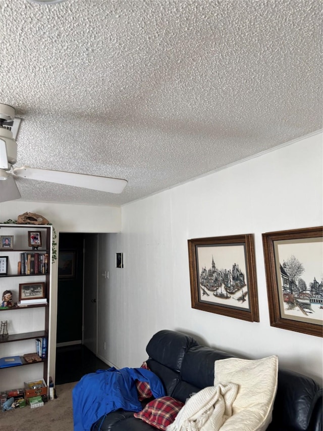 carpeted living room with a textured ceiling