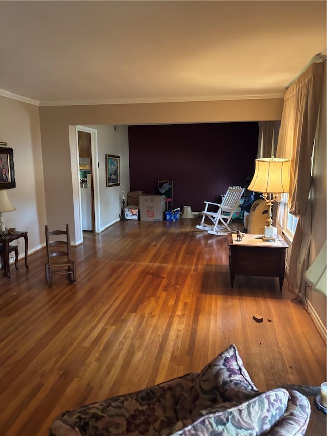 interior space with hardwood / wood-style floors and ornamental molding