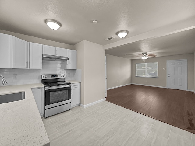 kitchen with light wood-type flooring, tasteful backsplash, sink, white cabinets, and stainless steel electric range