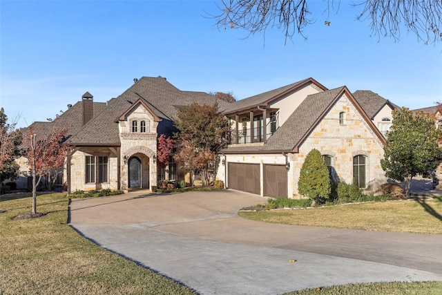 french country home featuring a garage, a balcony, and a front lawn