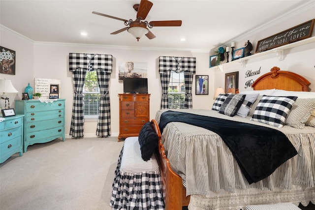 carpeted bedroom with multiple windows, crown molding, and ceiling fan