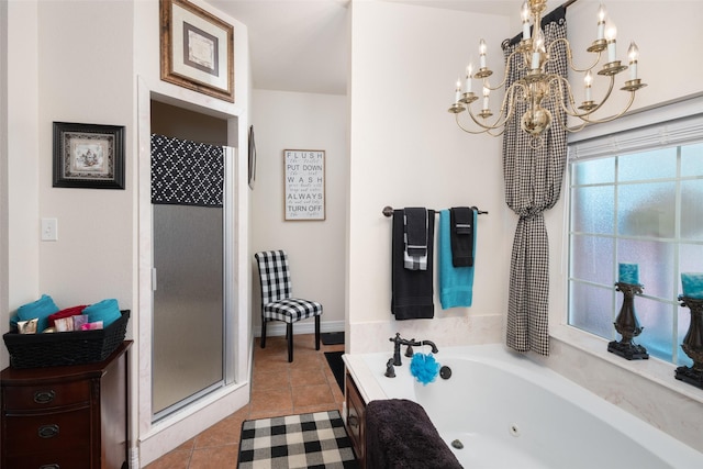 bathroom featuring tile patterned floors, plus walk in shower, and an inviting chandelier