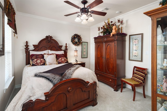 bedroom with ceiling fan, ornamental molding, and multiple windows