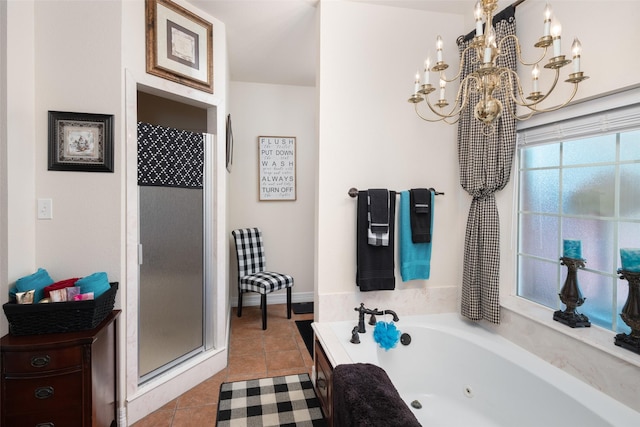 510 N Mcclendon St, Leonard, TX 75452 - bathroom featuring a chandelier, a whirlpool tub, tile patterned flooring, and a stall shower