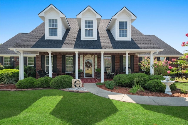 cape cod house with covered porch and a front yard