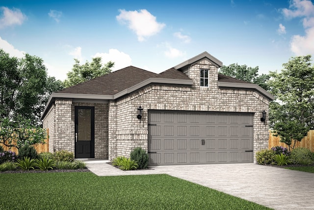 view of front of home with a garage and a front lawn